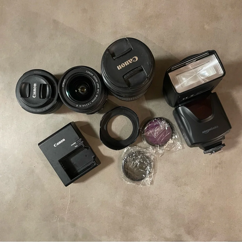 Canon EOS Rebel T5 with 3 lenses, external flash, and more